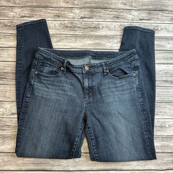 Ann Taylor LOFT Women's Slim Straight Leg Jeans Dark Blue Denim 32 Stretchy Zip - Picture 1 of 11